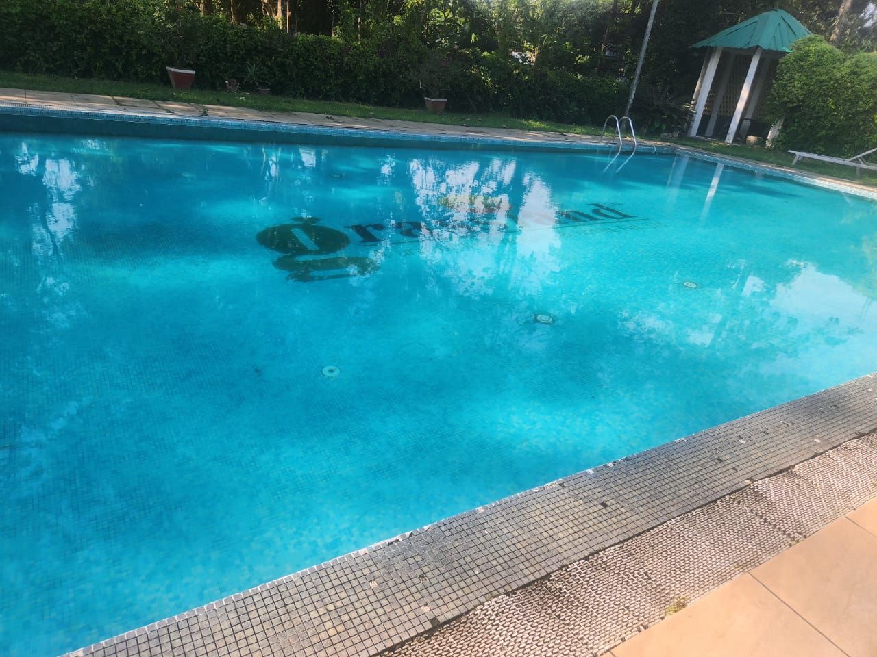 Swimming pool with the Grassland emblem tiled on its floor